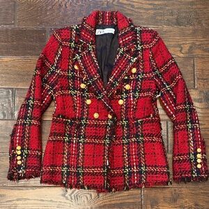 Zara Red and Black Plaid Blazer with Gold Buttons